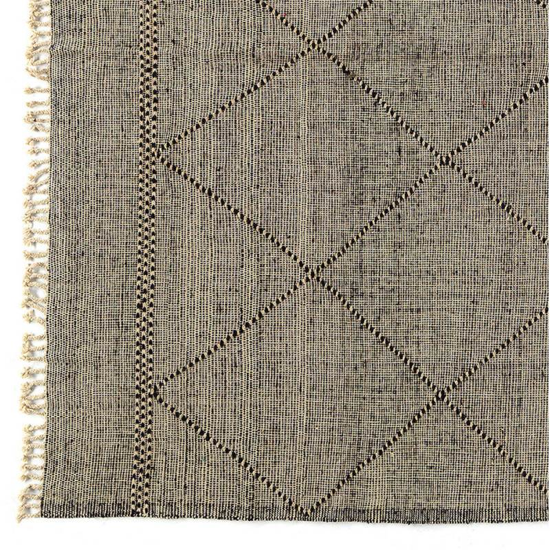 Grand Tapis Afghan ethnique chic Rectangulaire 297x384 Laine Beige Noir Avec franges Motif losanges The Handwoven 