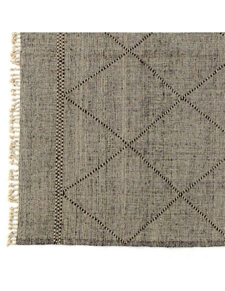 Grand Tapis Afghan ethnique chic Rectangulaire 297x384 Laine Beige Noir Avec franges Motif losanges The Handwoven 