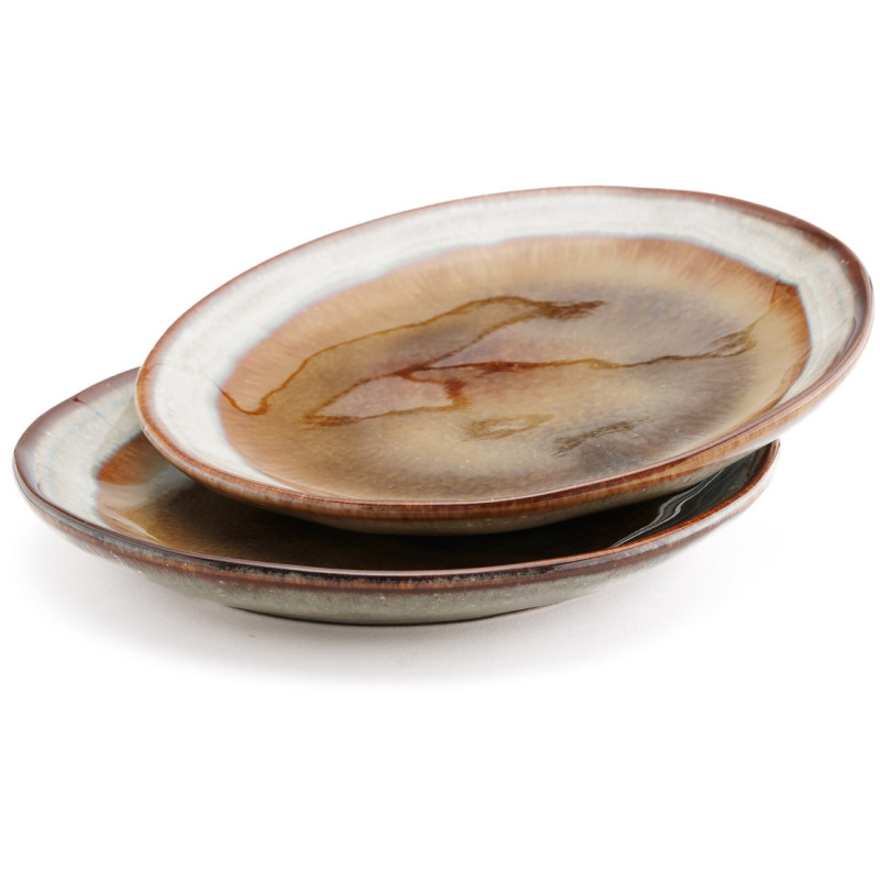 Assiette à dessert rustique chic Ronde 17 cm Céramique Vert de gris Marron foncé Beige The Comporta 