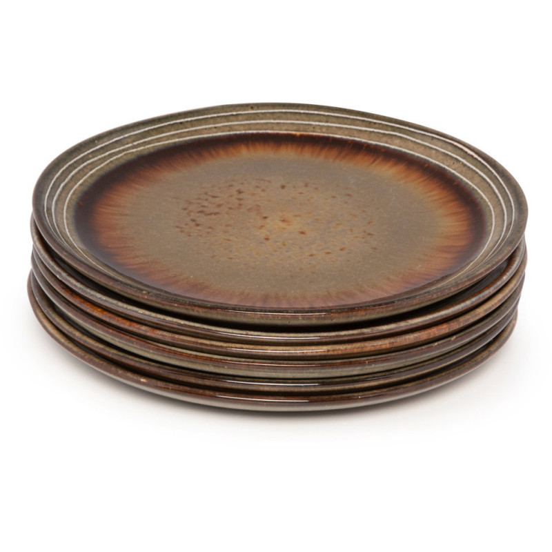 Assiette plate rustique chic Ronde 22 cm Céramique Vert de gris Marron foncé Beige The Comporta 