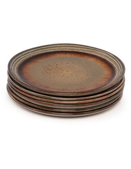 Assiette plate rustique chic Ronde 22 cm Céramique Vert de gris Marron foncé Beige The Comporta 