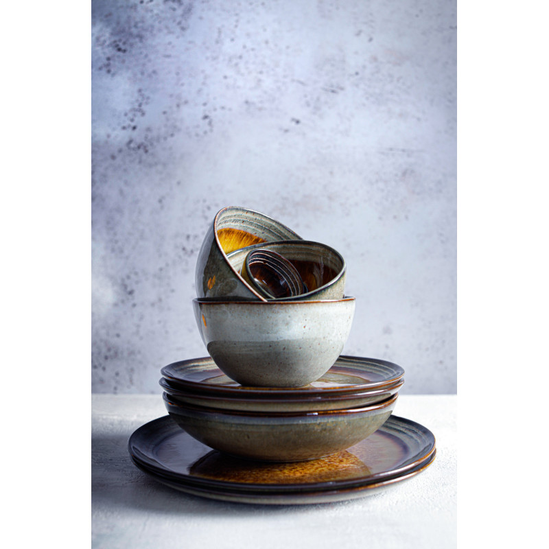 Bol petit-déjeuner rustique chic Rond 12 cm Céramique Vert de gris Marron foncé Beige The Comporta 