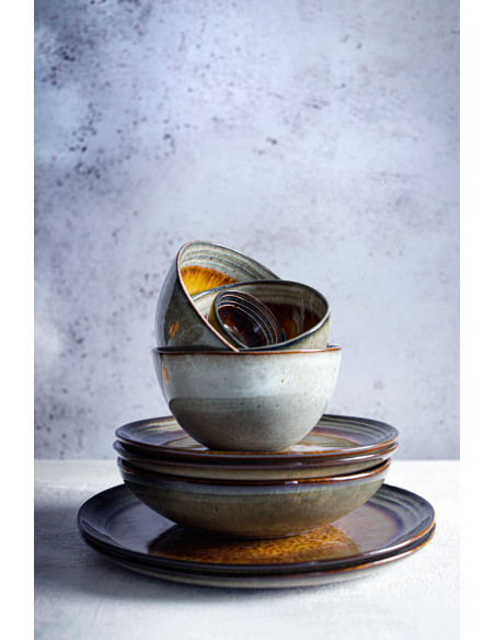 Bol petit-déjeuner rustique chic Rond 12 cm Céramique Vert de gris Marron foncé Beige The Comporta 