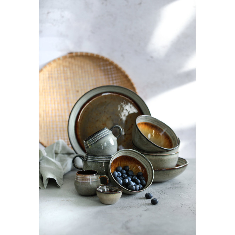 Bol petit-déjeuner rustique chic Rond 12 cm Céramique Vert de gris Marron foncé Beige The Comporta 