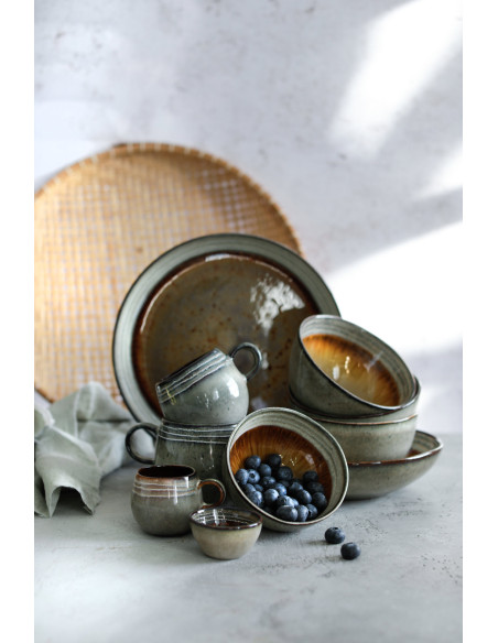 Bol petit-déjeuner rustique chic Rond 12 cm Céramique Vert de gris Marron foncé Beige The Comporta 