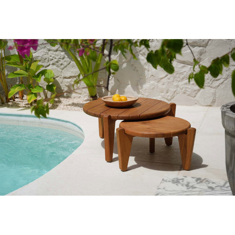Table basse extérieur originale Ronde 50 cm en Bois de teck recyclé Naturel The Seseh 