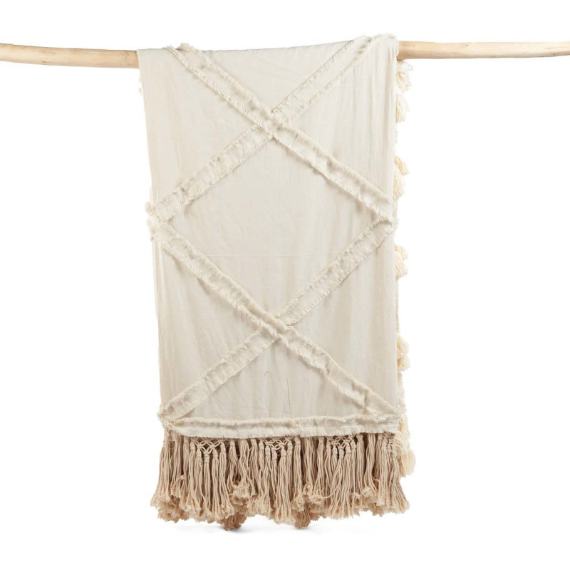 Plaid XXL original Bohème chic 300x240 en Coton Naturel Avec pompons The Berbe 