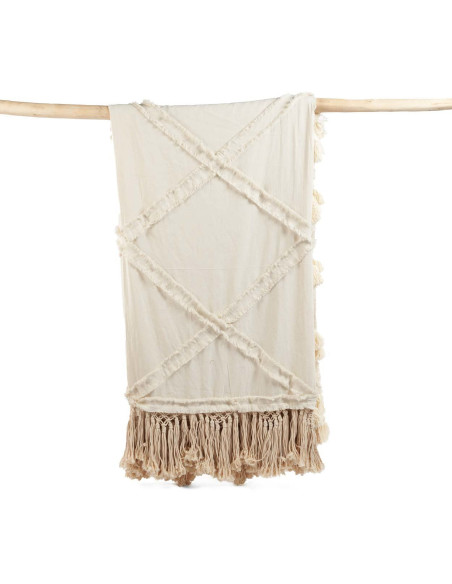 Plaid XXL original Bohème chic 300x240 en Coton Naturel Avec pompons The Berbe 