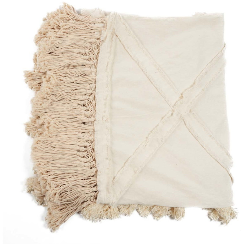 Plaid XXL original Bohème chic 300x240 en Coton Naturel Avec pompons The Berbe 