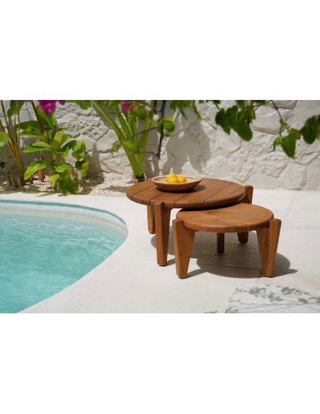 Table basse extérieur originale Ronde 70 cm en Bois de teck recyclé Naturel The Seseh 