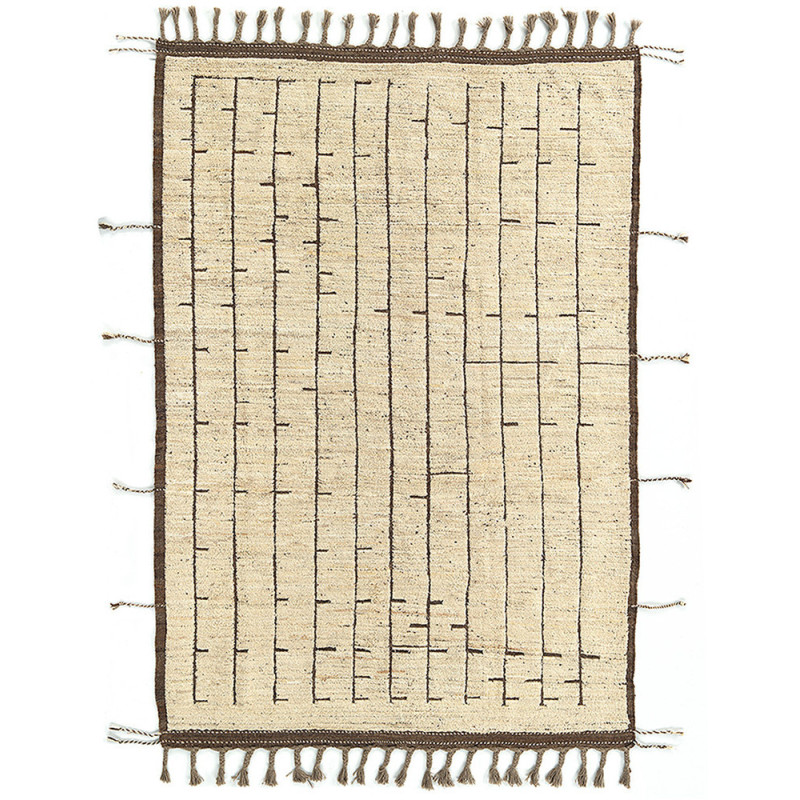 Grand Tapis Afghan ethnique chic Rectangulaire 197x209 Laine Beige sable Marron Foncé Avec franges Motif tribal The Handwoven 