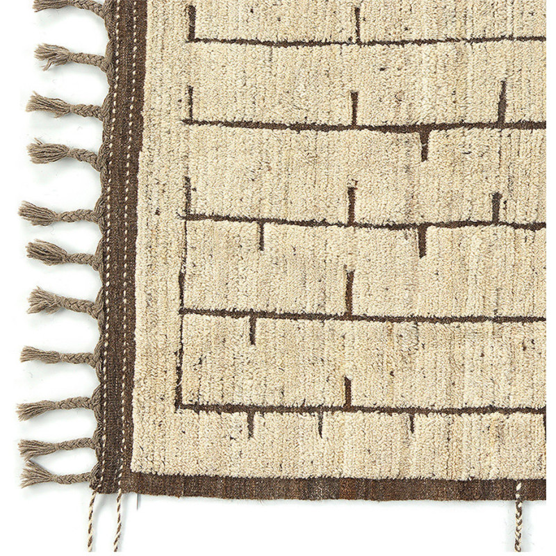 Grand Tapis Afghan ethnique chic Rectangulaire 197x209 Laine Beige sable Marron Foncé Avec franges Motif tribal The Handwoven 