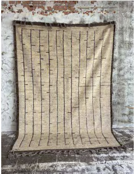 Grand Tapis Afghan ethnique chic Rectangulaire 197x209 Laine Beige sable Marron Foncé Avec franges Motif tribal The Handwoven 