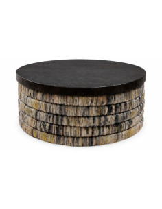 Table basse ethnique chic Ronde 80 cm Bois de teck Noir Feuille de bananier Tressé The Magani 