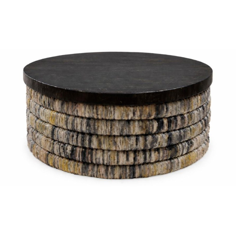 Table basse ethnique chic Ronde 80 cm Bois de teck Noir Feuille de bananier Tressé The Magani 