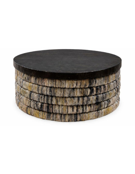 Table basse ethnique chic Ronde 80 cm Bois de teck Noir Feuille de bananier Tressé The Magani 