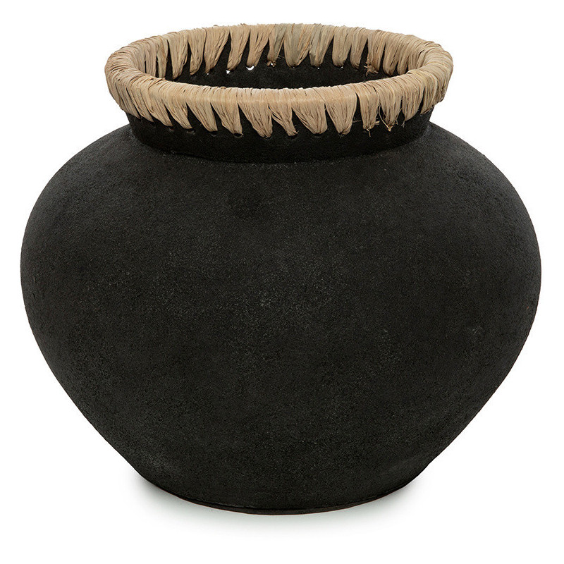 Vase Rond Hauteur 23 cm en Terre cuite Noir Raphia Naturel The Styly 