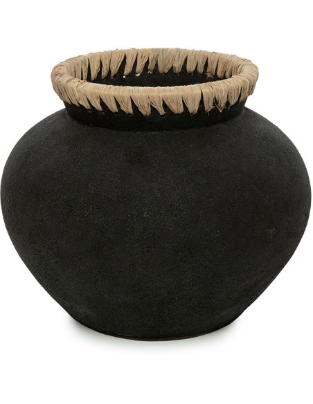 Vase Rond Hauteur 23 cm en Terre cuite Noir Raphia Naturel The Styly 