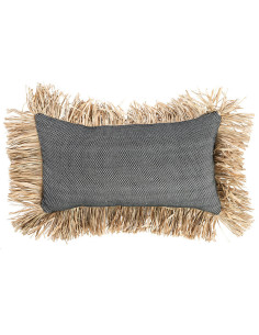 Housse de coussin Rectangulaire 50x30 en Coton Noir Raphia Naturel avec franges The Cotton Bonita 