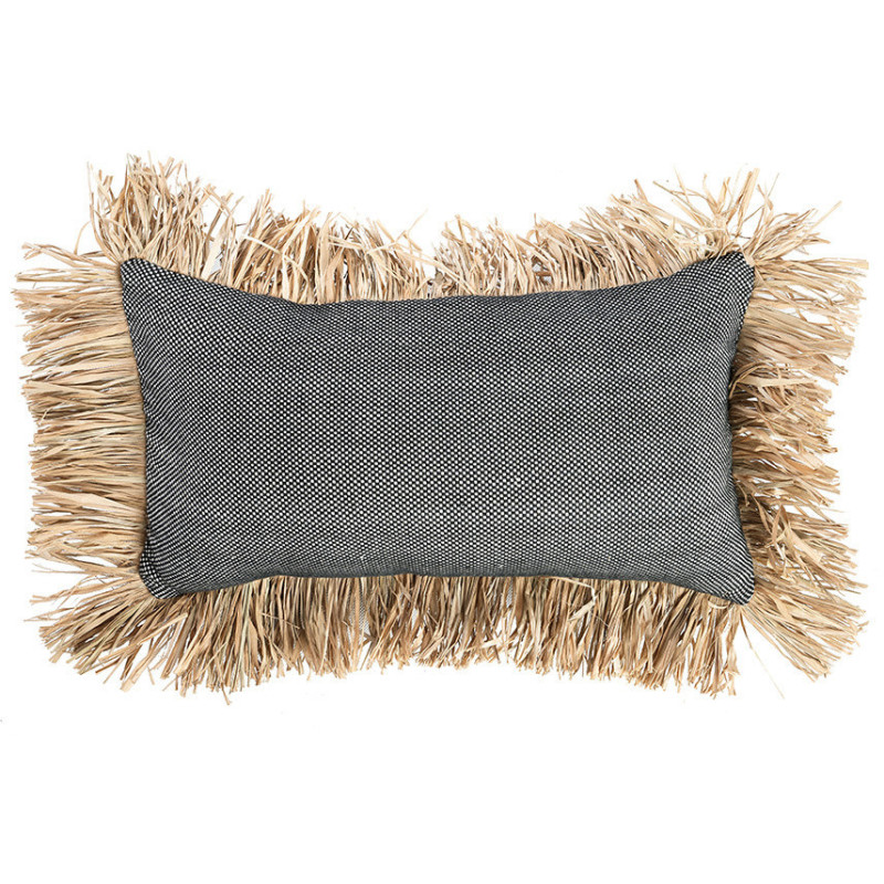 Housse de coussin Rectangulaire 50x30 en Coton Noir Raphia Naturel avec franges The Cotton Bonita 