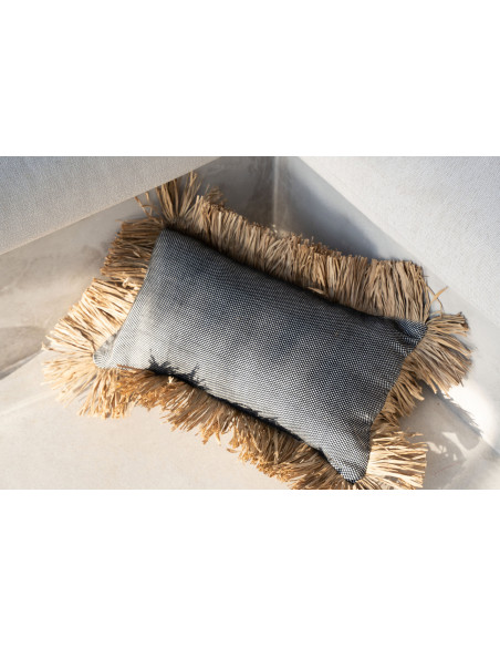 Housse de coussin Rectangulaire 50x30 en Coton Noir Raphia Naturel avec franges The Cotton Bonita 