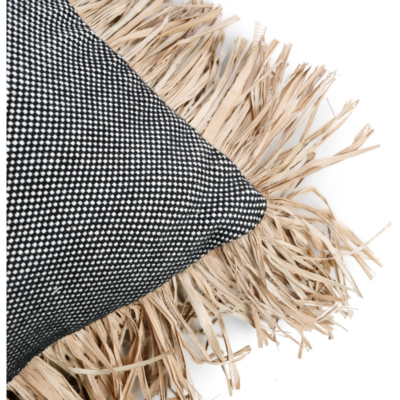 Housse de coussin Rectangulaire 50x30 en Coton Noir Raphia Naturel avec franges The Cotton Bonita 