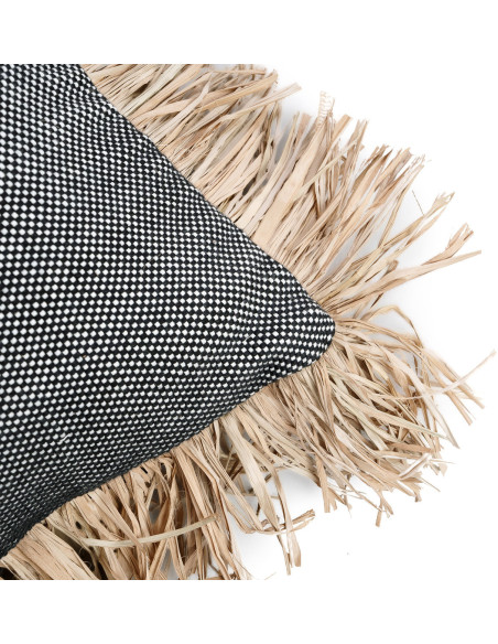 Housse de coussin Rectangulaire 50x30 en Coton Noir Raphia Naturel avec franges The Cotton Bonita 