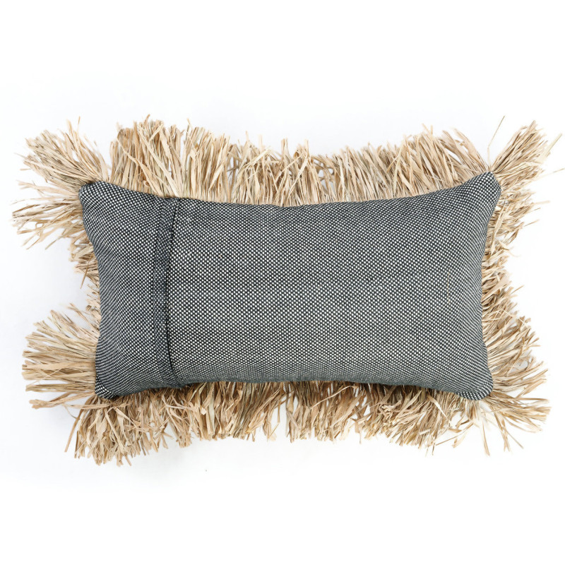 Housse de coussin Rectangulaire 50x30 en Coton Noir Raphia Naturel avec franges The Cotton Bonita 