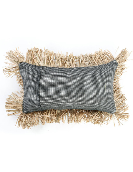 Housse de coussin Rectangulaire 50x30 en Coton Noir Raphia Naturel avec franges The Cotton Bonita 