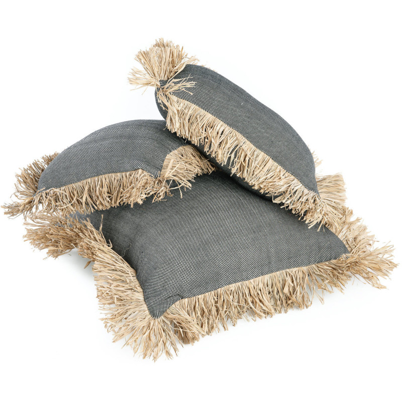 Housse de coussin Rectangulaire 50x30 en Coton Noir Raphia Naturel avec franges The Cotton Bonita 
