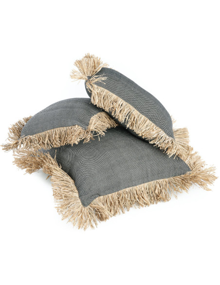Housse de coussin Rectangulaire 50x30 en Coton Noir Raphia Naturel avec franges The Cotton Bonita 