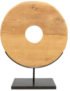 Sculpture moderne sur pied Disque Hauteur 60 cm en Bois de teck Naturel Métal Noir The Disk 