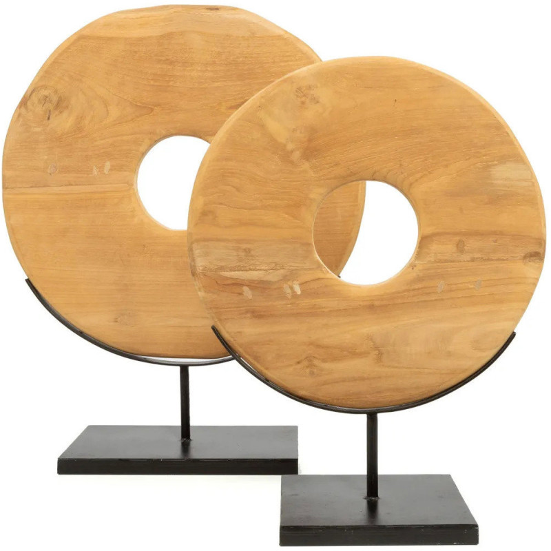 Sculpture moderne sur pied Disque Hauteur 60 cm en Bois de teck Naturel Métal Noir The Disk 