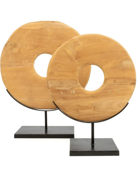 Sculpture moderne sur pied Disque Hauteur 60 cm en Bois de teck Naturel Métal Noir The Disk 