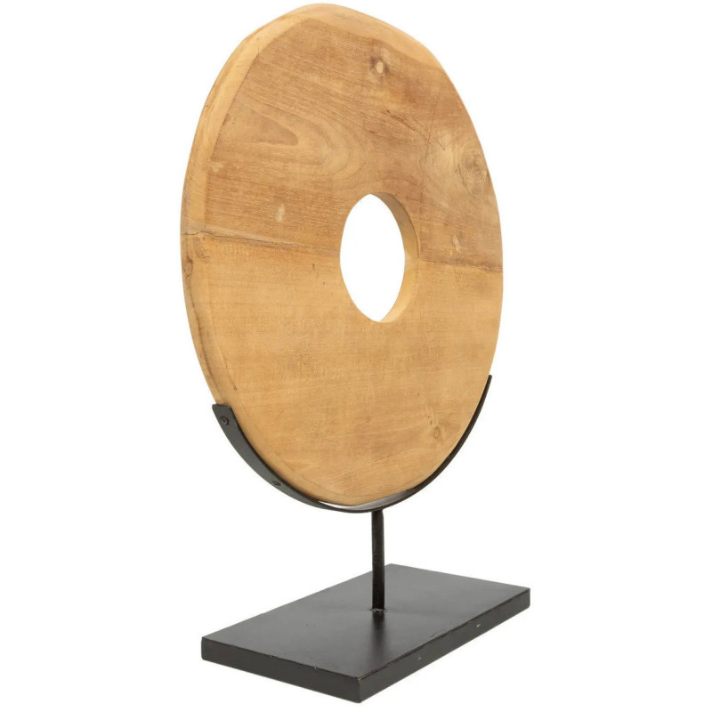 Sculpture moderne sur pied Disque Hauteur 60 cm en Bois de teck Naturel Métal Noir The Disk 