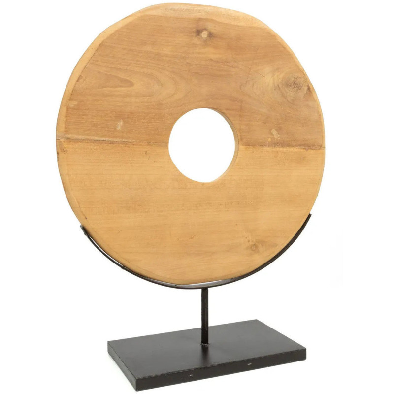 Sculpture moderne sur pied Disque Hauteur 60 cm en Bois de teck Naturel Métal Noir The Disk 