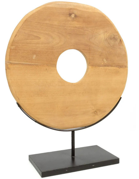 Sculpture moderne sur pied Disque Hauteur 60 cm en Bois de teck Naturel Métal Noir The Disk 