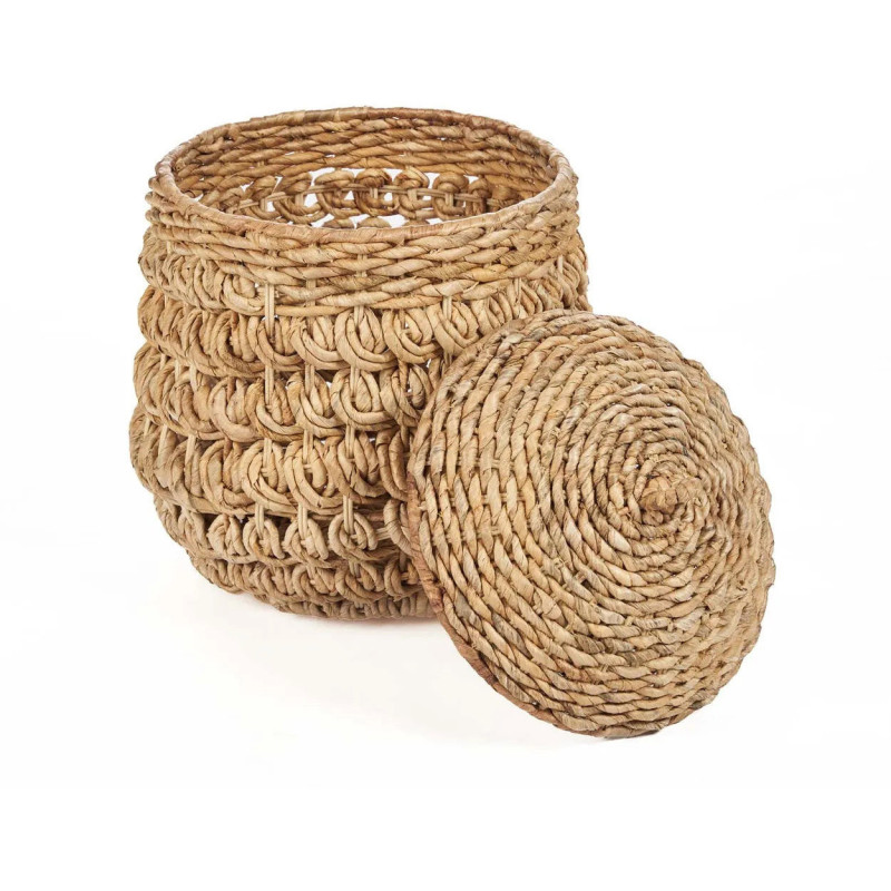 Panier de rangement bohème avec couvercle Rond 40 cm Feuille de bananier Naturel Tressé The Tarajih 