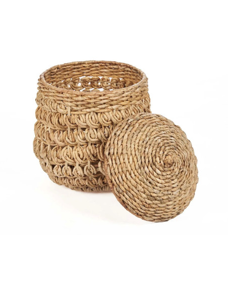 Panier de rangement bohème avec couvercle Rond 40 cm Feuille de bananier Naturel Tressé The Tarajih 