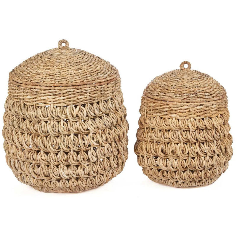 Panier de rangement bohème avec couvercle Rond 40 cm Feuille de bananier Naturel Tressé The Tarajih 