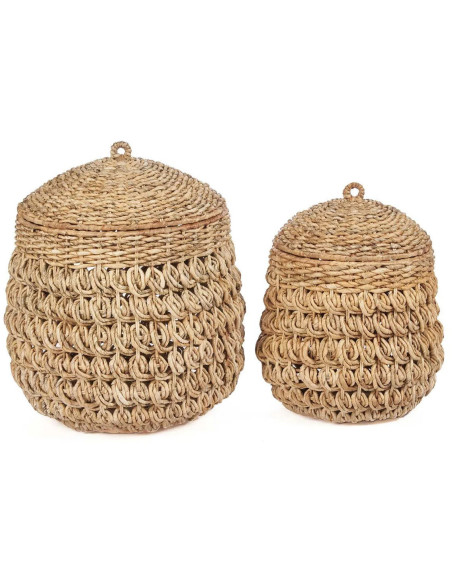 Panier de rangement bohème avec couvercle Rond 40 cm Feuille de bananier Naturel Tressé The Tarajih 