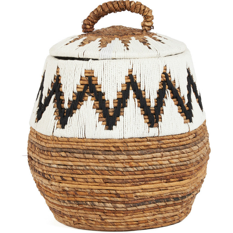 Panier de rangement ethnique avec couvercle Rond 44 cm Feuille de bananier Naturel Tressé Coton Blanc The Little Bay Beach 