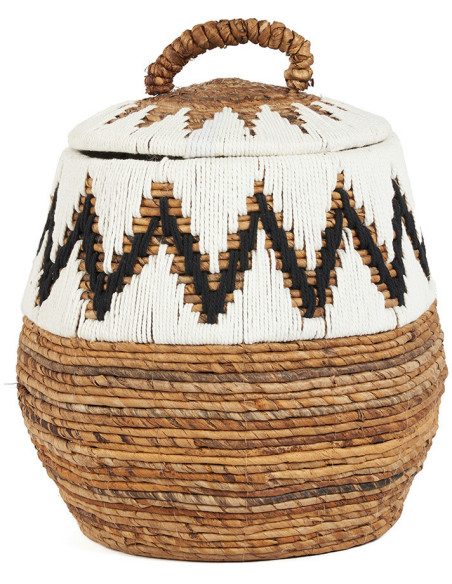 Panier de rangement ethnique avec couvercle Rond 44 cm Feuille de bananier Naturel Tressé Coton Blanc The Little Bay Beach 