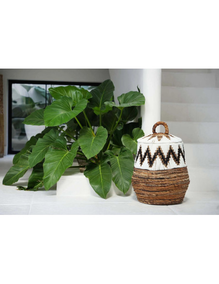 Panier de rangement ethnique avec couvercle Rond 44 cm Feuille de bananier Naturel Tressé Coton Blanc The Little Bay Beach 