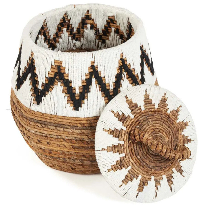 Panier de rangement ethnique avec couvercle Rond 44 cm Feuille de bananier Naturel Tressé Coton Blanc The Little Bay Beach 