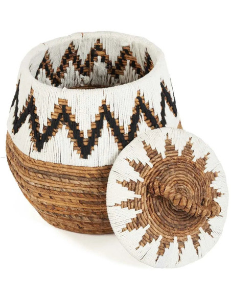 Panier de rangement ethnique avec couvercle Rond 44 cm Feuille de bananier Naturel Tressé Coton Blanc The Little Bay Beach 