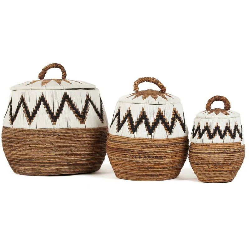 Panier de rangement ethnique avec couvercle Rond 44 cm Feuille de bananier Naturel Tressé Coton Blanc The Little Bay Beach 