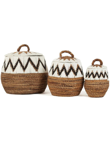 Panier de rangement ethnique avec couvercle Rond 44 cm Feuille de bananier Naturel Tressé Coton Blanc The Little Bay Beach 