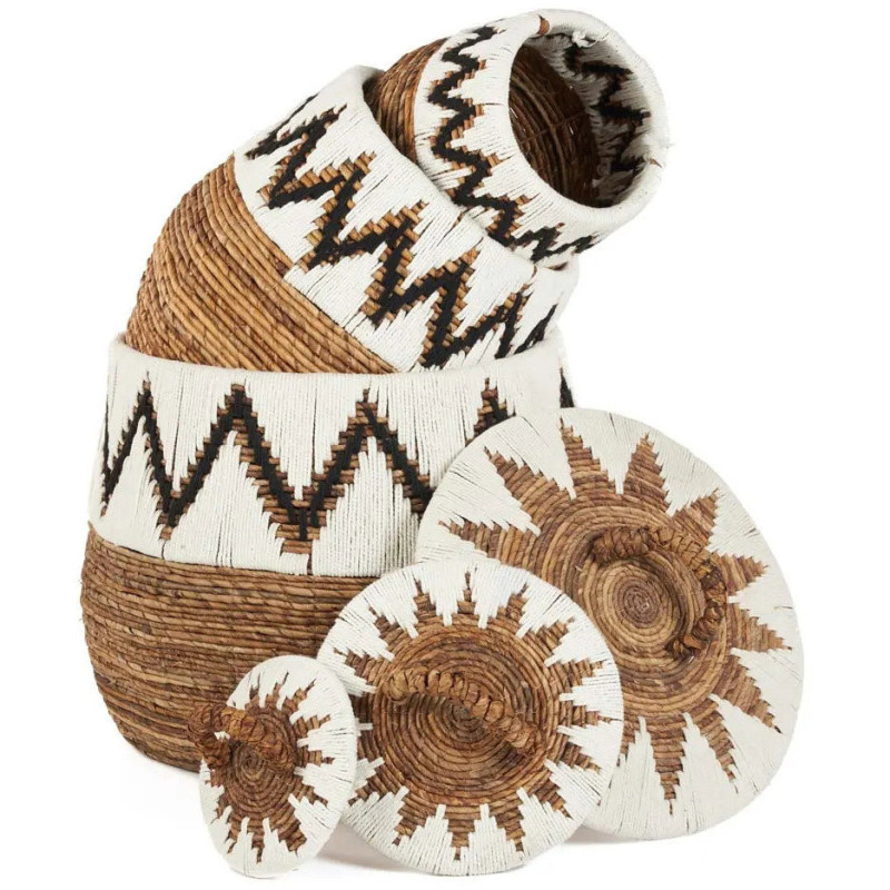 Panier de rangement ethnique avec couvercle Rond 44 cm Feuille de bananier Naturel Tressé Coton Blanc The Little Bay Beach 
