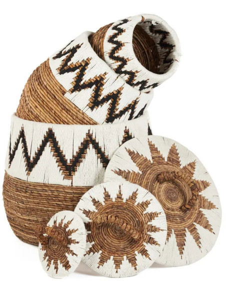 Panier de rangement ethnique avec couvercle Rond 44 cm Feuille de bananier Naturel Tressé Coton Blanc The Little Bay Beach 